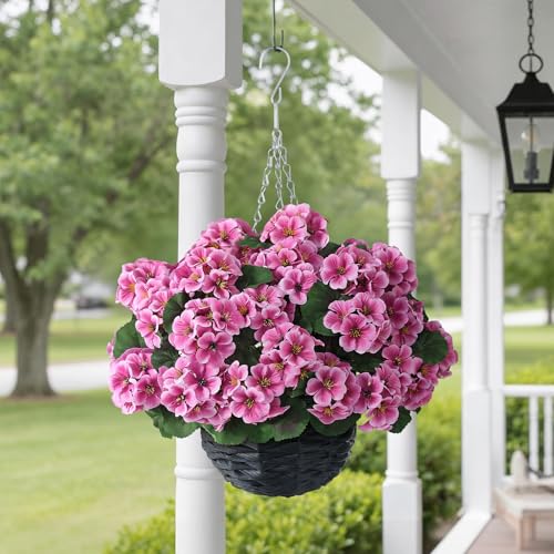 GLIDLION 2 Set Artificial Geraniums Flowers with Hanging Baskets for Outdoors - Sun Resistant Silk with Geranium Flowers, Fake Hanging Planters for Front Porch Garden Patio Home Decor (Pink) - Image 4