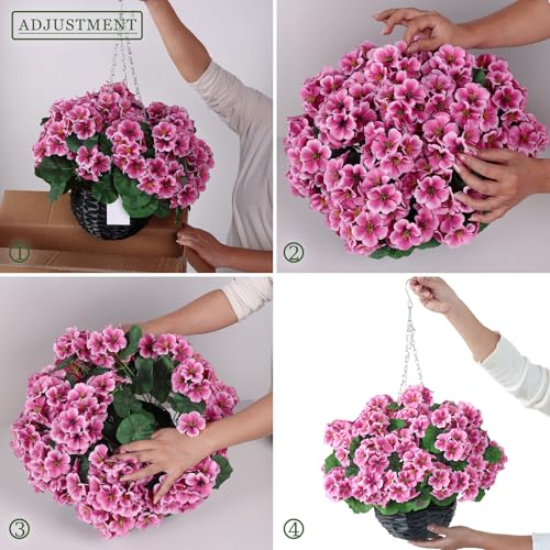 GLIDLION 2 Set Artificial Geraniums Flowers with Hanging Baskets for Outdoors - Sun Resistant Silk with Geranium Flowers, Fake Hanging Planters for Front Porch Garden Patio Home Decor (Pink) - Image 5