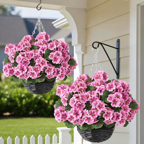 GLIDLION 2 Set Artificial Geraniums Flowers with Hanging Baskets for Outdoors - Sun Resistant Silk with Geranium Flowers, Fake Hanging Planters for Front Porch Garden Patio Home Decor (Pink) - Image 1