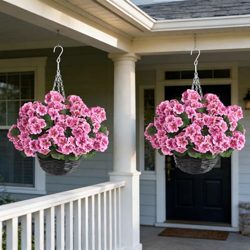 GLIDLION 2 Set Artificial Geraniums Flowers with Hanging Baskets for Outdoors - Sun Resistant Silk with Geranium Flowers, Fake Hanging Planters for Front Porch Garden Patio Home Decor (Pink) - Image 2