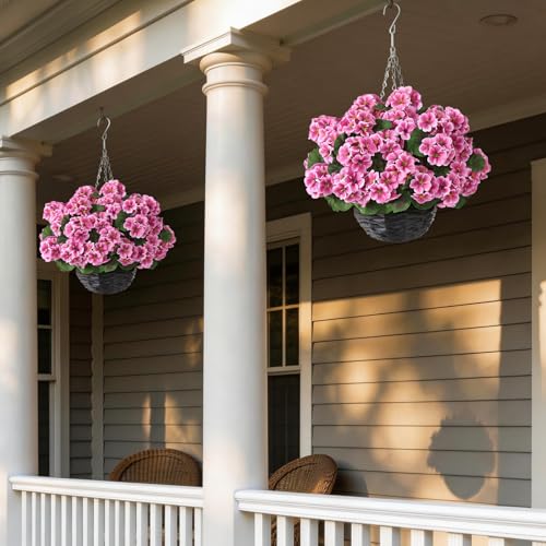 GLIDLION 2 Set Artificial Geraniums Flowers with Hanging Baskets for Outdoors - Sun Resistant Silk with Geranium Flowers, Fake Hanging Planters for Front Porch Garden Patio Home Decor (Pink) - Image 3