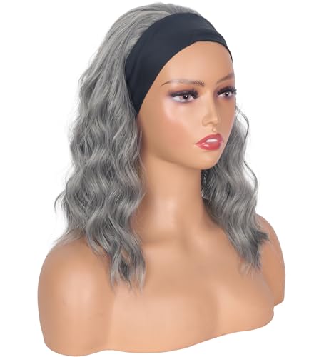 SYMEIW Silver Grey Wavy Headband Wig For Black Women Curly Half Wigs With Headband Attached Synthetic Wrap Wigs For Women(Gray)… - Image 3