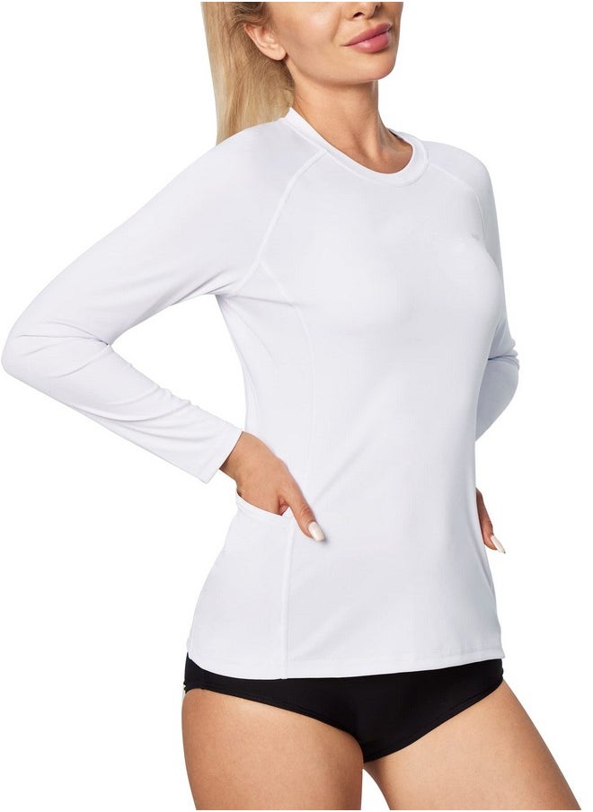 IUGA Rash Guard For Women Upf 50+ Spf Uv Protection Long Sleeve Workout Tops With Pockets Dry Fit Hiking Swim Shirt White  - Image 1