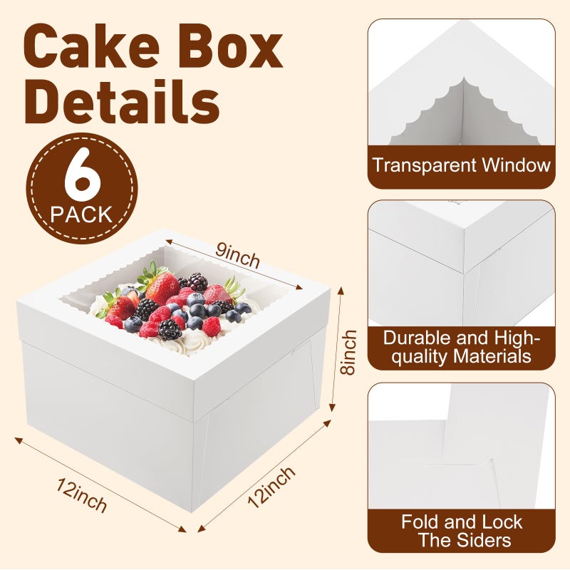 NEOACT 6 Pack Cake Boxes with Cake Boards,12x12x8 Inch White Bakery Boxes with Windown,Disposable Cakes Transport Container, Tall Cake Carrier Holder for Cakes, Pie, Cupcakes, Pastry - Image 3
