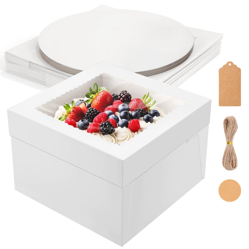 NEOACT 6 Pack Cake Boxes with Cake Boards,12x12x8 Inch White Bakery Boxes with Windown,Disposable Cakes Transport Container, Tall Cake Carrier Holder for Cakes, Pie, Cupcakes, Pastry - Image 1