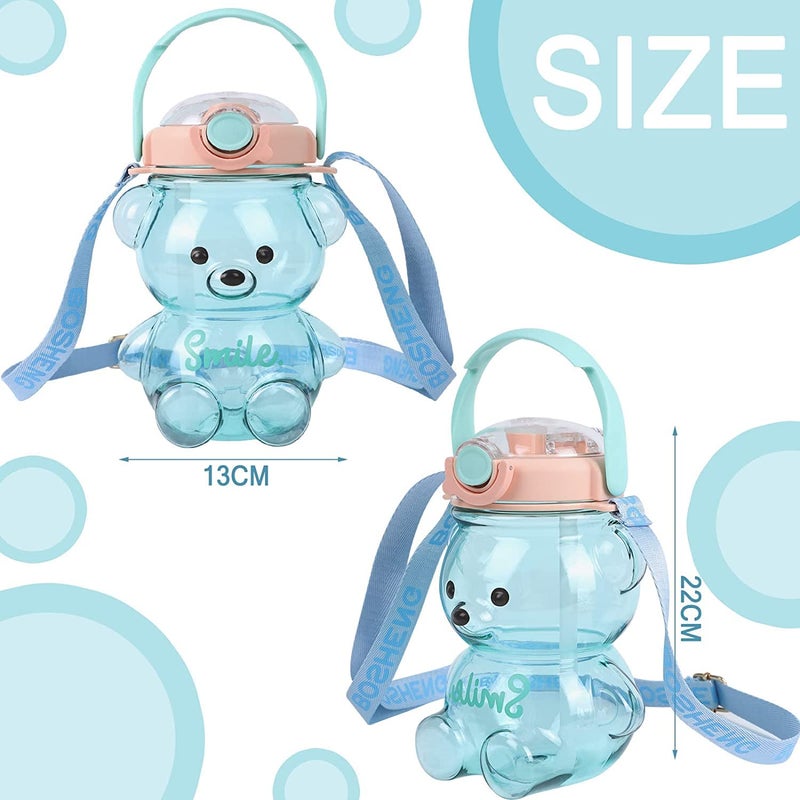 Drofail Toy Water Bottle Cute Teddy Shape Water Bottle With Strap Straw Stickers Portable Bottle Havey Duty Plastic 1 Liter Tranfarent Blue - Image 2