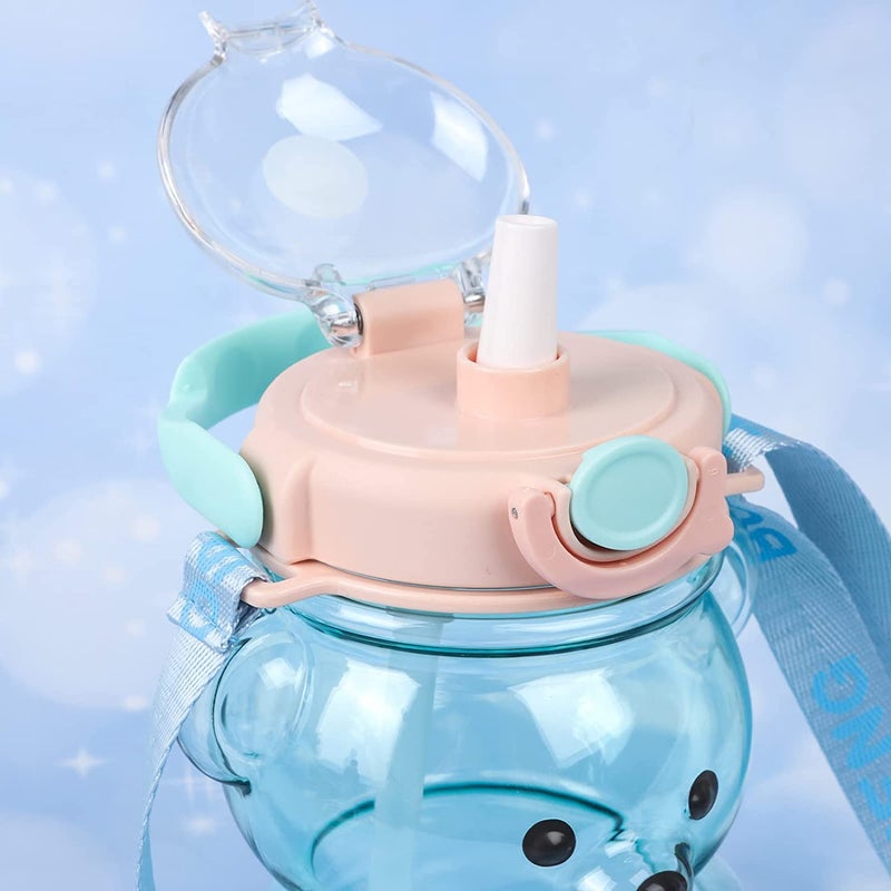 Drofail Toy Water Bottle Cute Teddy Shape Water Bottle With Strap Straw Stickers Portable Bottle Havey Duty Plastic 1 Liter Tranfarent Blue - Image 5