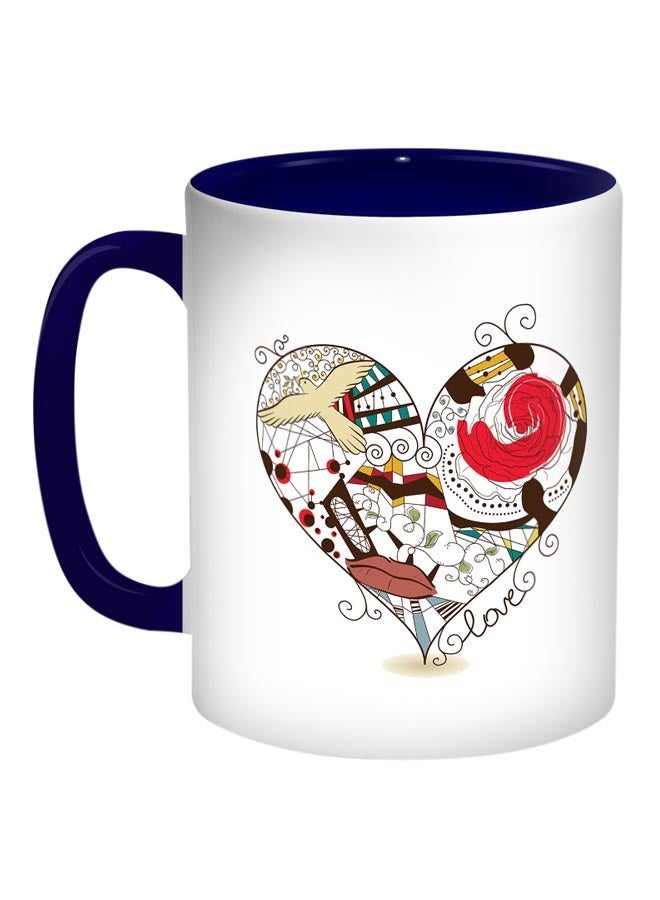RYN Romantic Heart Printed Coffee Mug Blue/White/Red 11ounce