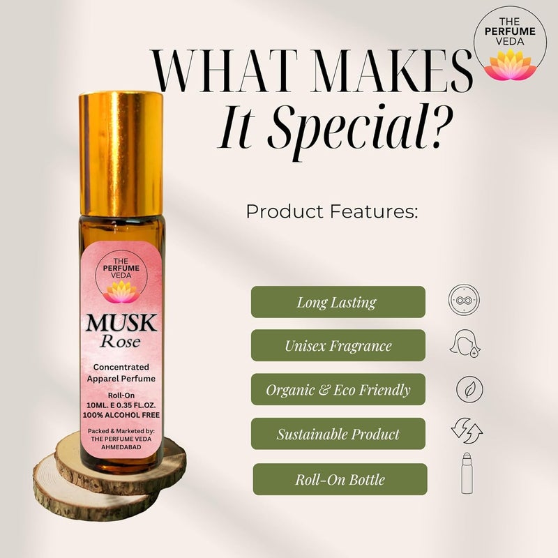 THE PERFUME VEDA عطر فيدا مسك الورد مع رائحة زهرية دافئة للمسك للرجال والنساء خالي من الكحول رول أون عطر يدوم طويلاً 10 مل - Image 3