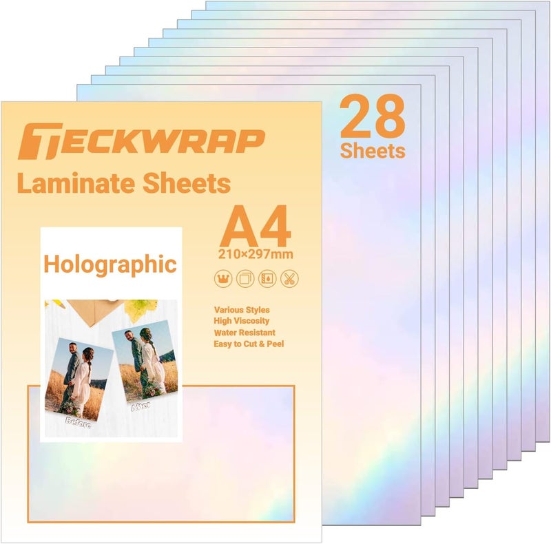 Holographic Sticker Paper Clear Overlay Lamination Vinyl Patterns Laminate Sticker Film 8.26" x 11.69" A4 Size 28 Sheets/Pack for Craft, Scrapbooking, Craft Cutters, Rainbow - Image 1