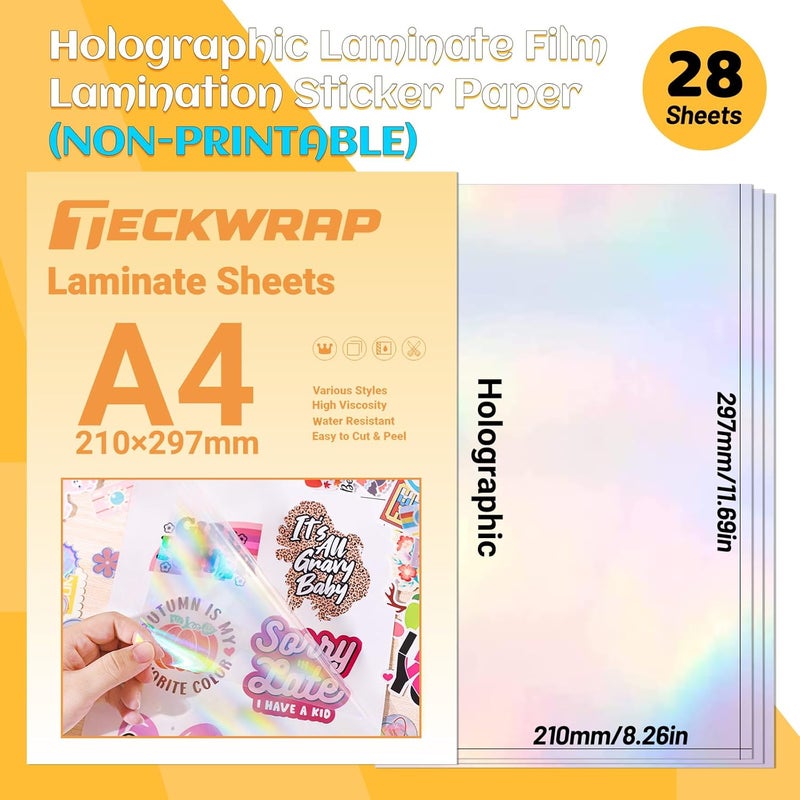 Holographic Sticker Paper Clear Overlay Lamination Vinyl Patterns Laminate Sticker Film 8.26" x 11.69" A4 Size 28 Sheets/Pack for Craft, Scrapbooking, Craft Cutters, Rainbow - Image 2