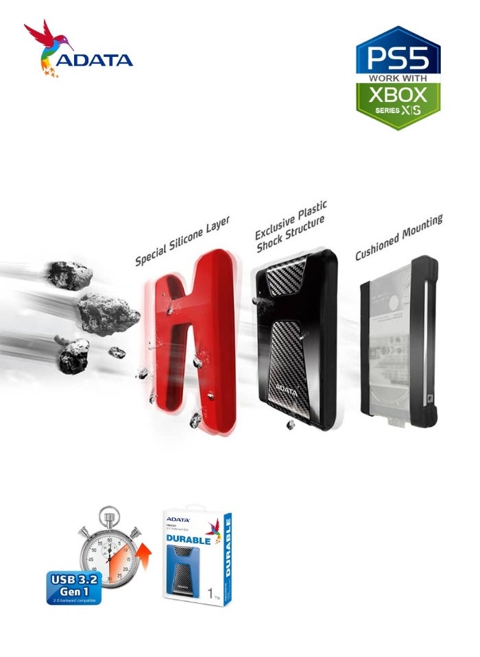 ADATA - HD650 DURABLE 1TB External HDD | Anti-Shock Hard Drive | Compatible with PS5 XBOX | Blue - Image 1