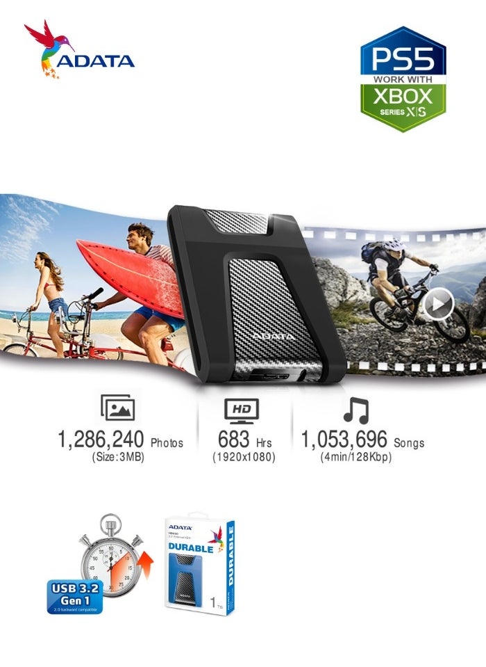 ADATA - HD650 DURABLE 1TB External HDD | Anti-Shock Hard Drive | Compatible with PS5 XBOX | Blue - Image 1