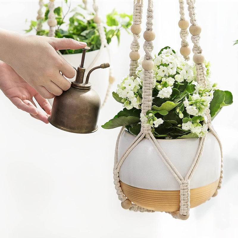 Mkono Macrame Plant Hanger Indoor Hanging Planter Basket with Wood Beads Decorative Flower Pot Holder No Tassels for Indoor Outdoor Boho Home Decor 35 Inch, Ivory, Set of 2 (POTS NOT Included) - Image 3