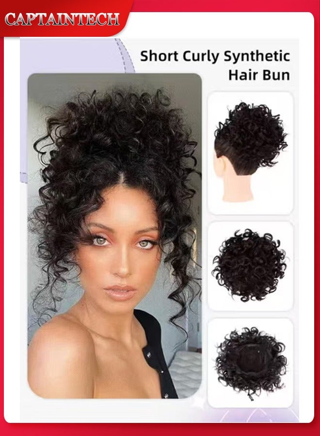 Captaintech Messy Curly Synthetic Hair Bun, Short Curly Chignon with Elastic Drawstring, Loose Wave Large Curly Bun, Hair Extension Bun Wig for Women Daily Use, Brown Black, 25cm (10inch) - Image 1