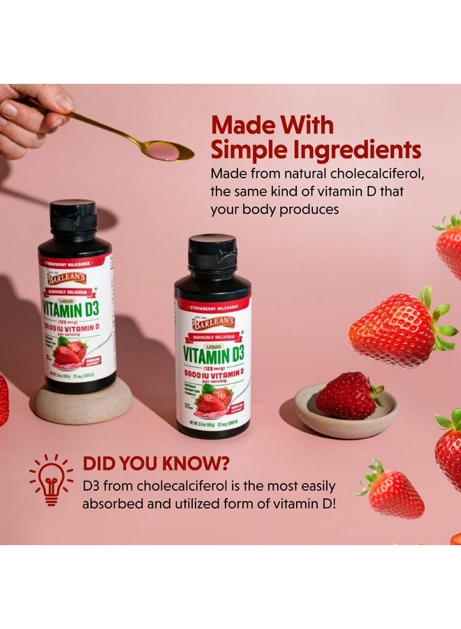 Barlean's Pack of 2 Liquid Vitamin D Supplement for Kids and Adults with 5000 IU D3, Strawberry Milkshake Flavored Sugar Free Vitamins for Children, 5.6 oz Each - Image 2