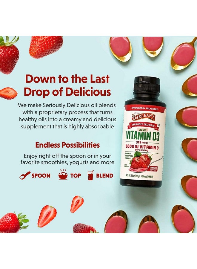 Barlean's Pack of 2 Liquid Vitamin D Supplement for Kids and Adults with 5000 IU D3, Strawberry Milkshake Flavored Sugar Free Vitamins for Children, 5.6 oz Each - Image 1