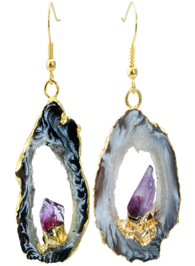 SUNYIK Natural Agate Geode Slice Quartz Druzy Dangle Earrings,with Amethyst Crystal,Gold Plated Drop Earring - Image 2