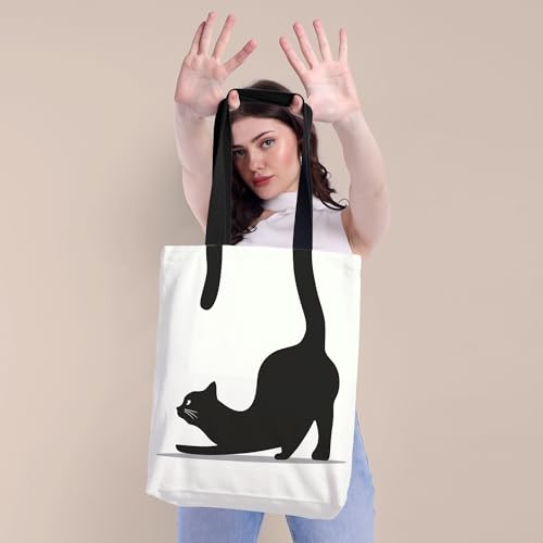 Ecotribe Fashionable Design Tote Bags Women Shoulder Bag-Printed Silhoutte Cotton Bag-Zipper-Ecofriendly Travel Bag-Pack of 1, Cat Printed - Image 3