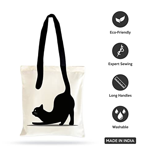 Ecotribe Fashionable Design Tote Bags Women Shoulder Bag-Printed Silhoutte Cotton Bag-Zipper-Ecofriendly Travel Bag-Pack of 1, Cat Printed - Image 2