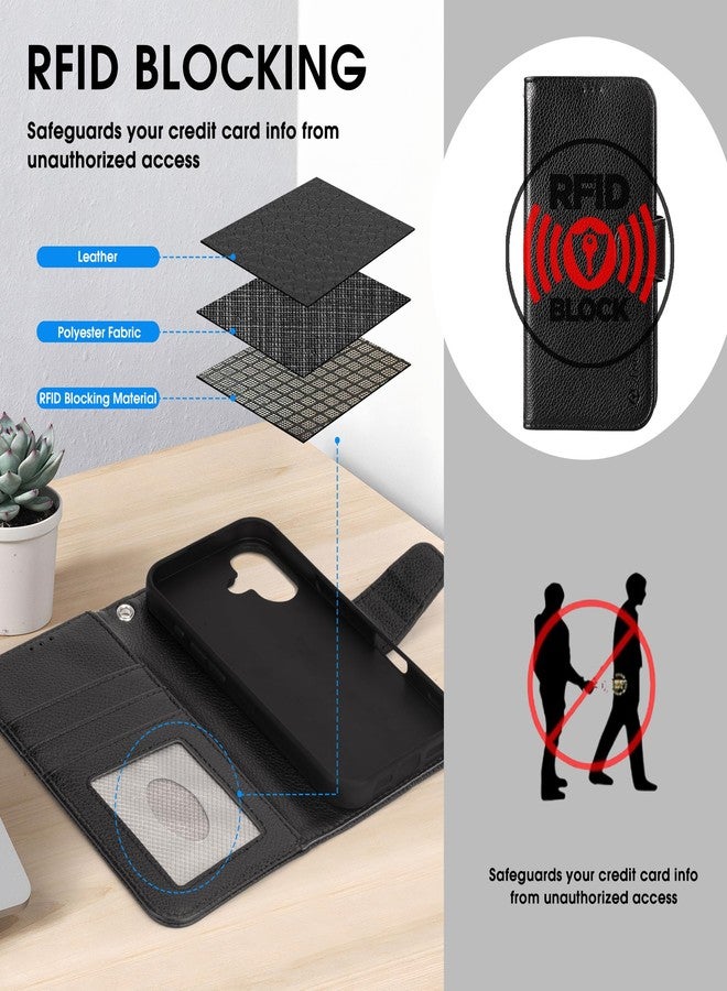Arae Compatible with iPhone 16 Case Wallet with Card Holder, Wristlet Strap Wallet Flip Cover for iPhone 16 6.1 inch Men/Women, RFID Blocking, Kickstand,Litchi Black - Image 4