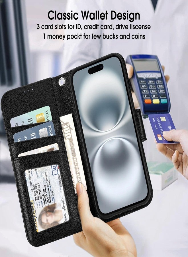 Arae Compatible with iPhone 16 Case Wallet with Card Holder, Wristlet Strap Wallet Flip Cover for iPhone 16 6.1 inch Men/Women, RFID Blocking, Kickstand,Litchi Black - Image 3