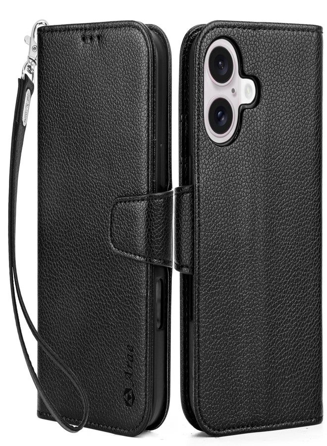 Arae Compatible with iPhone 16 Case Wallet with Card Holder, Wristlet Strap Wallet Flip Cover for iPhone 16 6.1 inch Men/Women, RFID Blocking, Kickstand,Litchi Black - Image 1