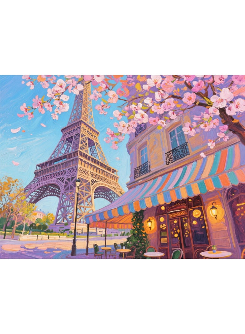 1000 قطعة من النفط اللوحة نمط برج باريس أزهار الكرز المناظر الطبيعية بانوراما - تجربة فنية ملونة - Image 1