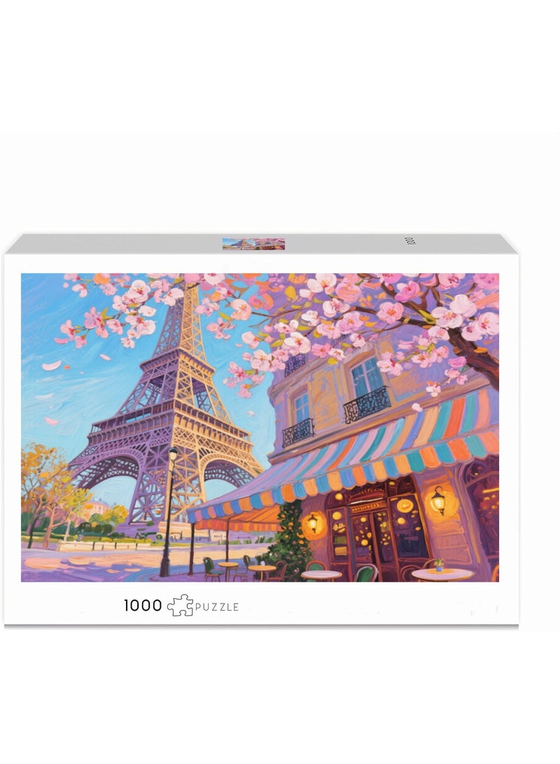 1000 قطعة من النفط اللوحة نمط برج باريس أزهار الكرز المناظر الطبيعية بانوراما - تجربة فنية ملونة - Image 2