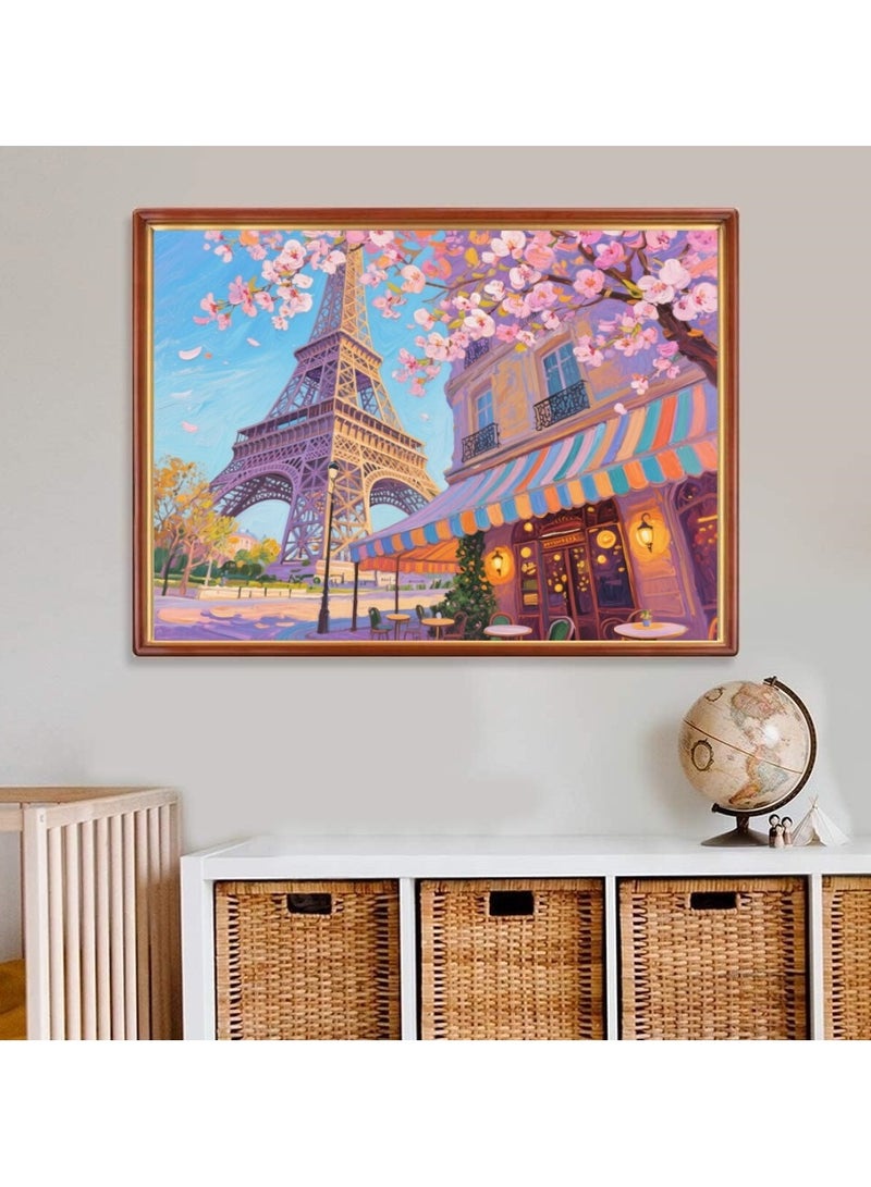 1000 قطعة من النفط اللوحة نمط برج باريس أزهار الكرز المناظر الطبيعية بانوراما - تجربة فنية ملونة - Image 3