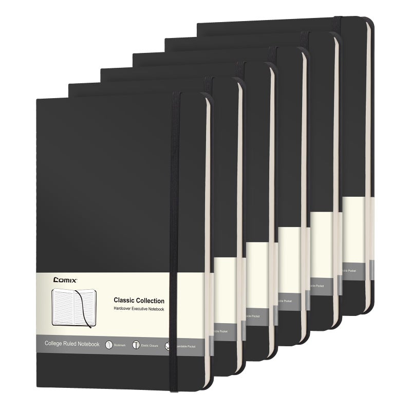 Comix 6 Pack Lined Journal Notebooks for Work, 240 Pages, 5.5"x8.3", Black, Hardcover, A5 Medium College Ruled, Journaling Notebooks for Notes-Taking, Fits for Office School Home - Image 1