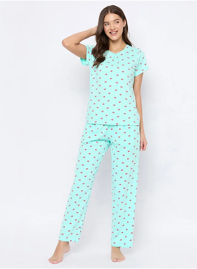 كلوفيا Clovia Heart Print Top & Pyjama Set in Baby Blue - 100% Cotton