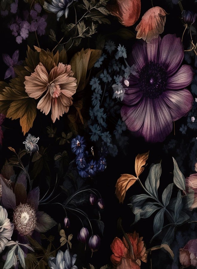 ReWallpaper ورق جدران داكن مزخرف بنقشة زهور، قابل للإزالة واللصق من ReWallpaper، مقاس 17.5 بوصة × 23 قدمًا، ورق جدران داكن، ورق اتصال أسود عتيق للخزائن، ورق جدران أسود مزخرف قابل للإزالة للحمام، مقاوم للماء، زخارف زهور الفاوانيا - Image 1