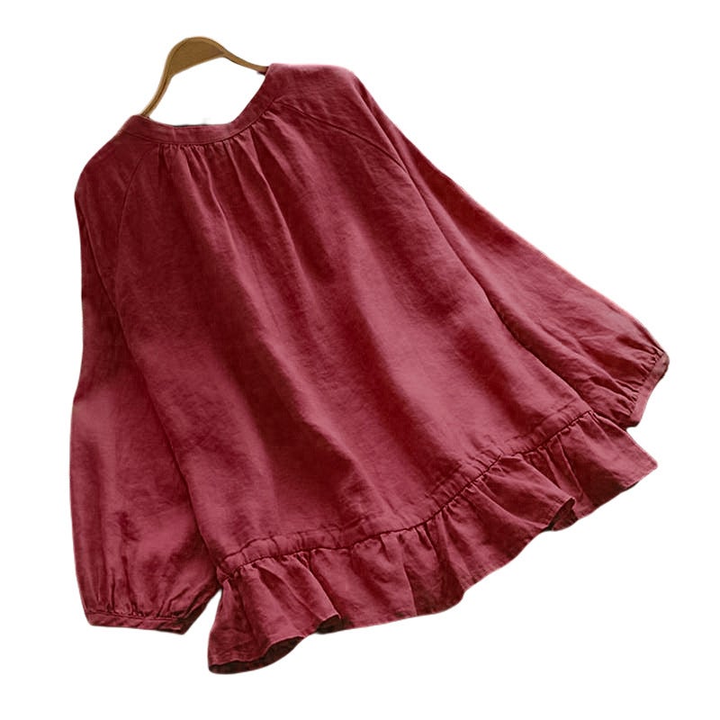Women's Solid Cotton-Linen Round Neck Long Sleeve Cardigan Shirt - Image 3