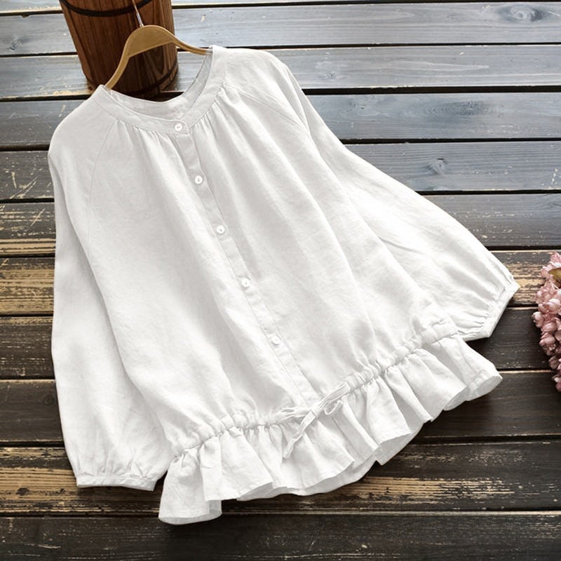 Women's Solid Cotton-Linen Round Neck Long Sleeve Cardigan Shirt - Image 2