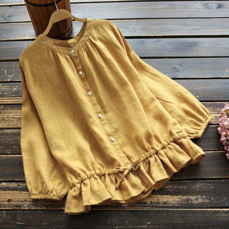 Women's Solid Cotton-Linen Round Neck Long Sleeve Cardigan Shirt - Image 1
