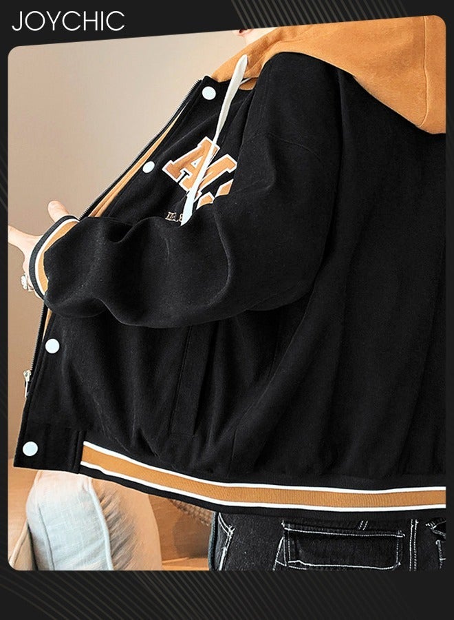 Joychic Trendy Spring and Autumn Fake Two-piece Men Outwear Casual Cotton Baseball Jackets Youth Fashion Warm Windproof Coat with Cap Black+Orange - Image 2