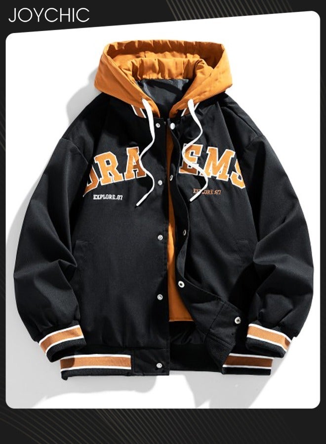 Joychic Trendy Spring and Autumn Fake Two-piece Men Outwear Casual Cotton Baseball Jackets Youth Fashion Warm Windproof Coat with Cap Black+Orange - Image 3