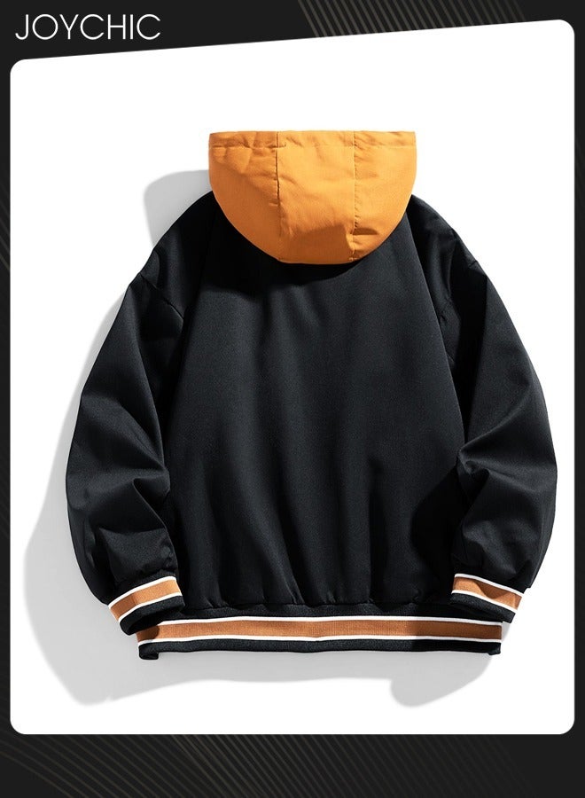 Joychic Trendy Spring and Autumn Fake Two-piece Men Outwear Casual Cotton Baseball Jackets Youth Fashion Warm Windproof Coat with Cap Black+Orange - Image 4