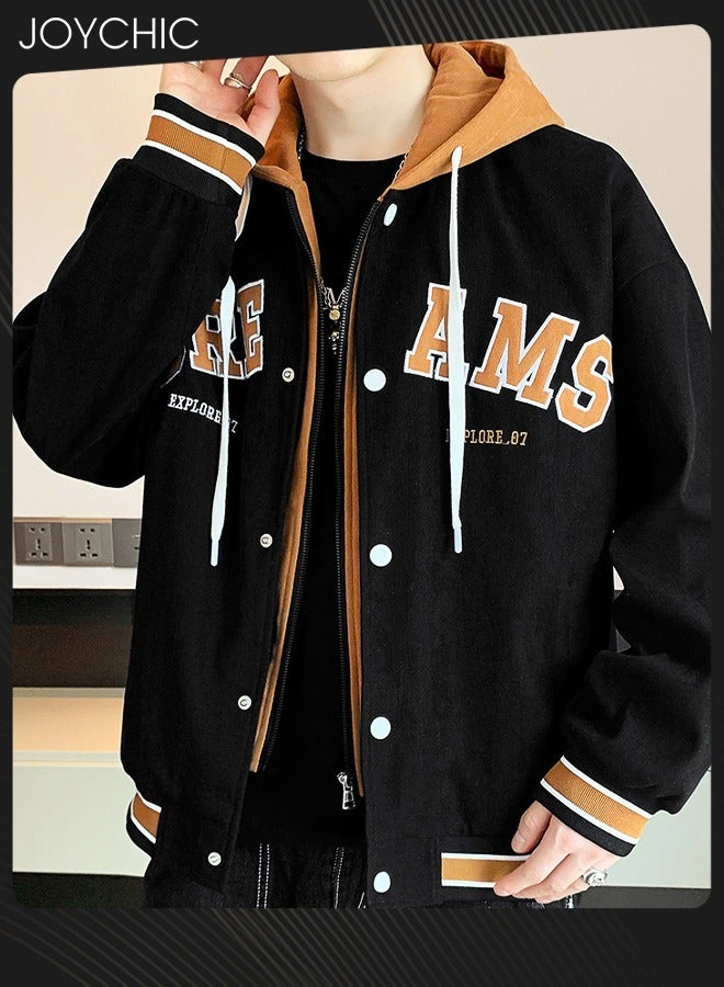 Joychic Trendy Spring and Autumn Fake Two-piece Men Outwear Casual Cotton Baseball Jackets Youth Fashion Warm Windproof Coat with Cap Black+Orange - Image 1