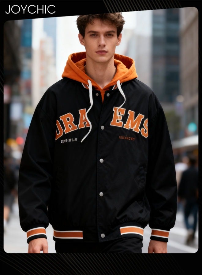Joychic جاكيتات بيزبول قطنية عصرية للرجال ذات طبقتين مزيفة لفصلي الربيع والخريف، مع قبعة، باللون الأسود والبرتقالي، دافئة ومقاومة للرياح - Image 1