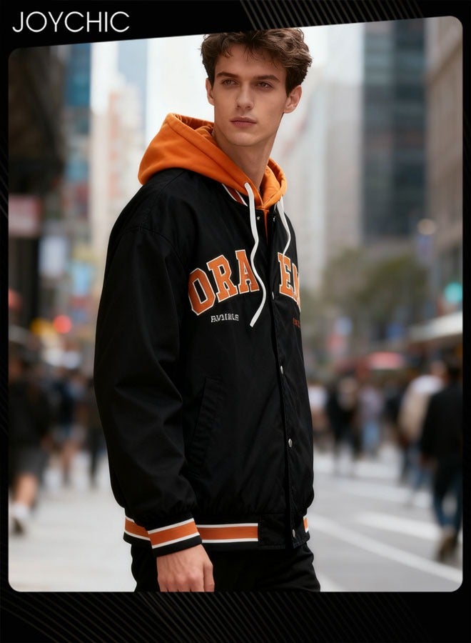 Joychic جاكيتات بيزبول قطنية عصرية للرجال ذات طبقتين مزيفة لفصلي الربيع والخريف، مع قبعة، باللون الأسود والبرتقالي، دافئة ومقاومة للرياح - Image 2