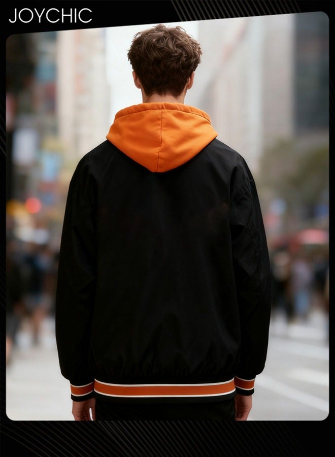 Joychic جاكيتات بيزبول قطنية عصرية للرجال ذات طبقتين مزيفة لفصلي الربيع والخريف، مع قبعة، باللون الأسود والبرتقالي، دافئة ومقاومة للرياح - Image 3