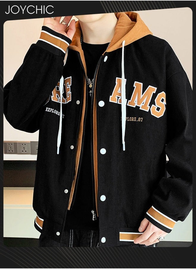 Trendy Spring and Autumn Fake Two-piece Men Outwear Casual Cotton Baseball Jackets Youth Fashion Warm Windproof Coat with Cap Black+Orange - pzsku/ZA6C0925F5B7E60425FD7Z/45/_/1727335309/3ea1626d-8283-4c9d-b082-b9a9232500db