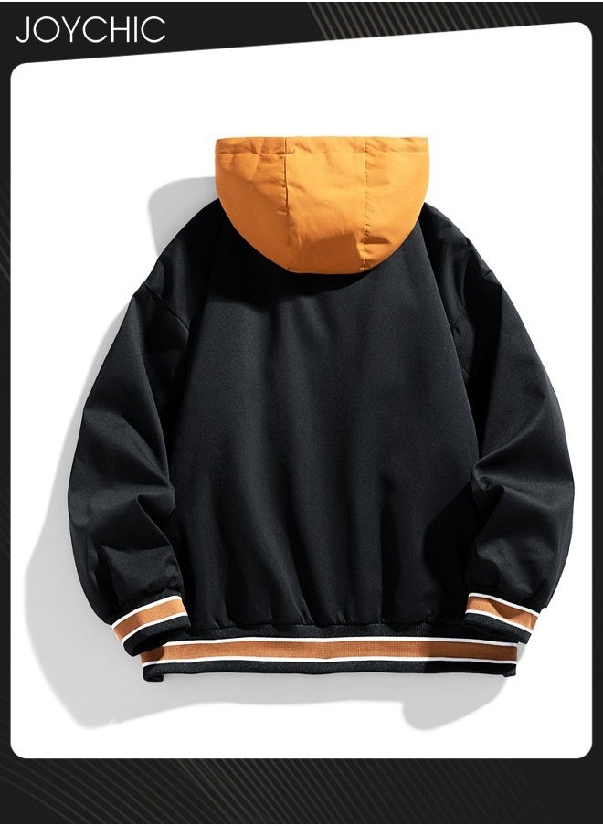 Trendy Spring and Autumn Fake Two-piece Men Outwear Casual Cotton Baseball Jackets Youth Fashion Warm Windproof Coat with Cap Black+Orange - pzsku/ZA6C0925F5B7E60425FD7Z/45/_/1727335334/9f9a08a1-dfdb-405f-8eba-46c63c89c092