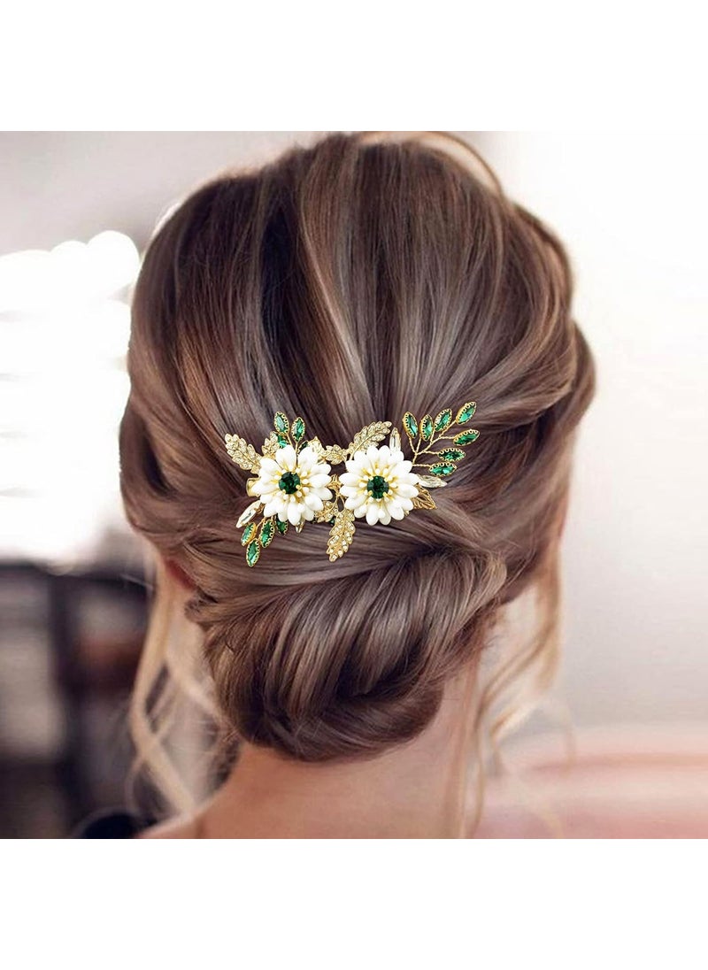 BETITETO BETITETO Green Bridal Hair Clip White Enamel Flower Gold Leaf Crystal Wedding Hair Vine Piece Accessories for Women Girls Green 