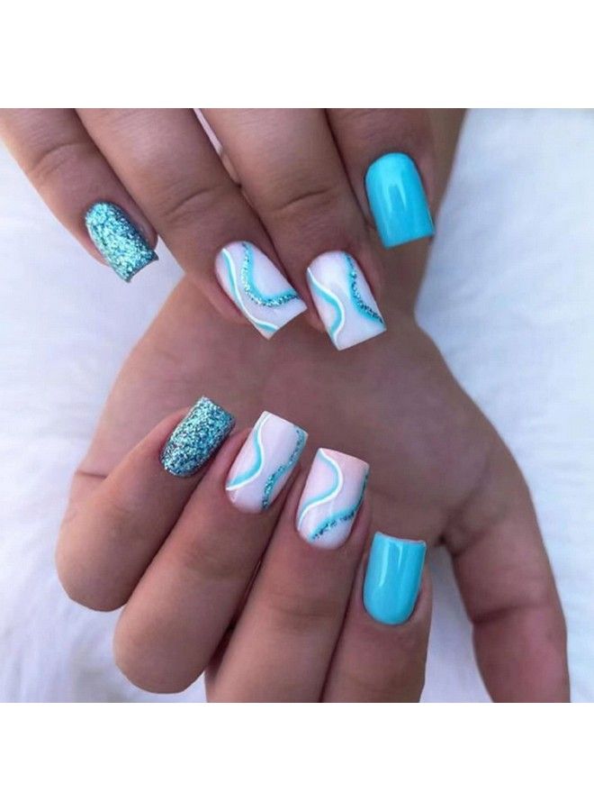 MISUD Short Square Press On Nails Squoval Fake Nails Glossy Glue On Nails Blue Swirl Artificial Acrylic Nails Bling Glitter Stick On False Nails With Design 24 Pcs - Image 2
