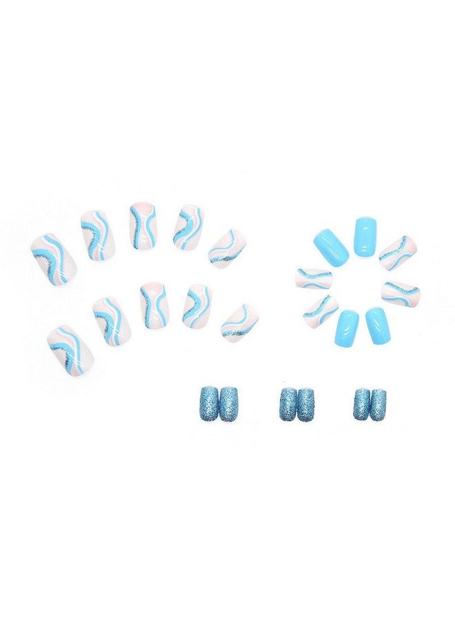 MISUD Short Square Press On Nails Squoval Fake Nails Glossy Glue On Nails Blue Swirl Artificial Acrylic Nails Bling Glitter Stick On False Nails With Design 24 Pcs - Image 5