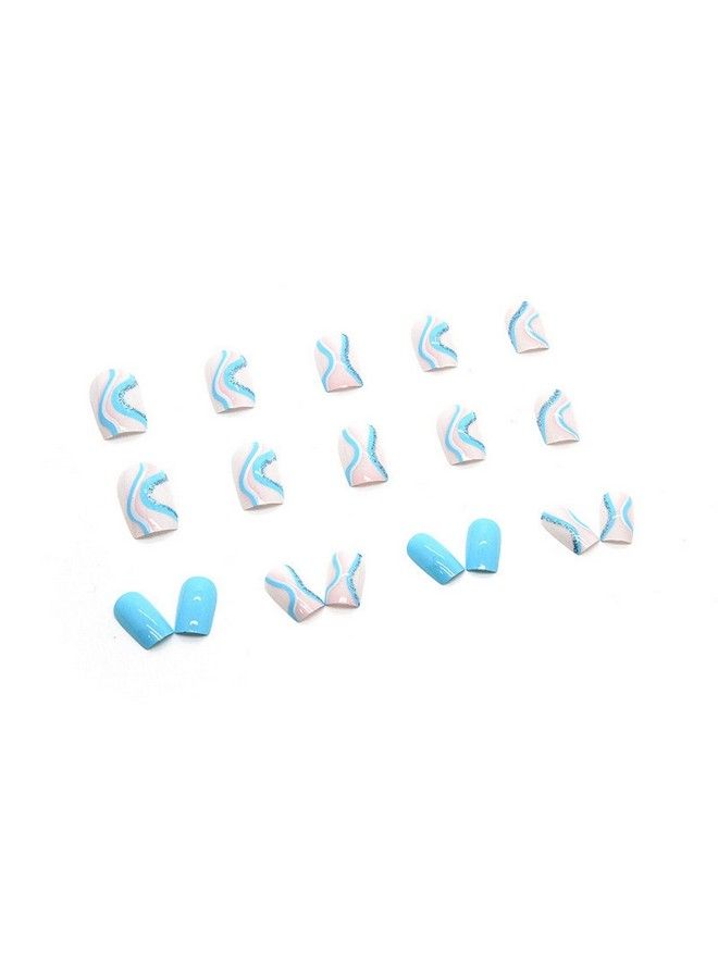MISUD Short Square Press On Nails Squoval Fake Nails Glossy Glue On Nails Blue Swirl Artificial Acrylic Nails Bling Glitter Stick On False Nails With Design 24 Pcs - Image 4
