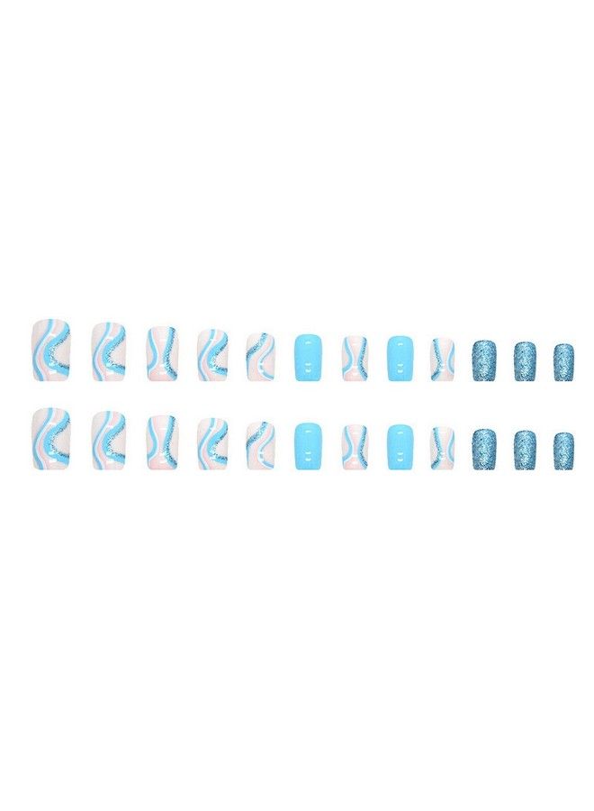 MISUD Short Square Press On Nails Squoval Fake Nails Glossy Glue On Nails Blue Swirl Artificial Acrylic Nails Bling Glitter Stick On False Nails With Design 24 Pcs - Image 3